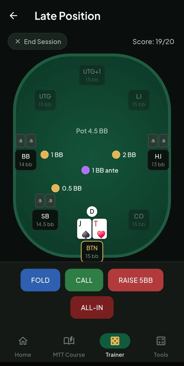A late-position preflop drill with fold, call, raise and all-in actions